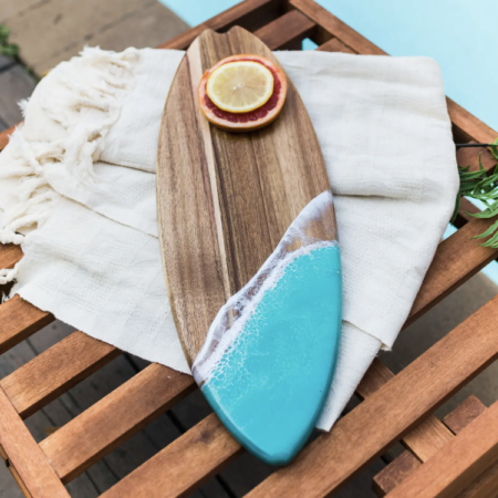 Resin-Accented Surfboard Shaped Charcuterie Board by Lynn and Liana Designs
